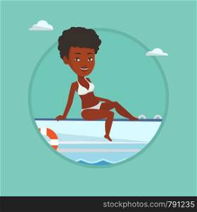 African-american woman travelling by yacht. Happy woman tanning on yacht during summer trip. Woman sitting on the front of yacht. Vector flat design illustration in the circle isolated on background.. Young happy woman tanning on sailboat.