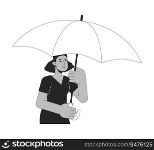 African american woman under umbrella flat line black white vector character. Editable outline half body person cover from bad weather. Simple cartoon isolated spot illustration for web graphic design. African american woman under umbrella flat line black white vector character