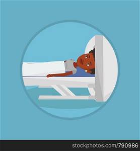 African-american woman undergoes a magnetic resonance imaging scan test. Magnetic resonance imaging machine scanning a patient. Vector flat design illustration in the circle isolated on background.. Magnetic resonance imaging vector illustration.
