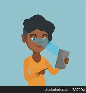 African-american woman using a smart mobile phone with retina scanner. Young woman using iris scanner to unlock her mobile phone. Vector cartoon illustration. Square layout.. Woman using iris scanner to unlock a mobile phone.