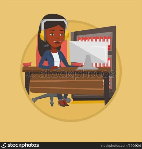 African-american woman using computer for playing games. Woman in headphones playing online games. Woman playing computer game. Vector flat design illustration in the circle isolated on background.. Woman playing computer game vector illustration.