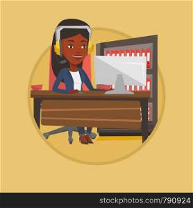 African-american woman using computer for playing games. Woman in headphones playing online games. Woman playing computer game. Vector flat design illustration in the circle isolated on background.. Woman playing computer game vector illustration.