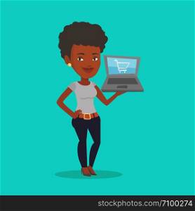 African-american woman using laptop for online shopping. Female customer holding laptop with shopping trolley on a screen. Woman doing online shopping. Vector flat design illustration. Square layout.. Woman shopping online vector illustration.