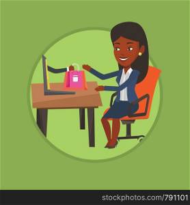 African-american woman using laptop for online shopping. Young woman shopping online. Woman making online order in virtual shop. Vector flat design illustration in the circle isolated on background.. Woman shopping online vector illustration.