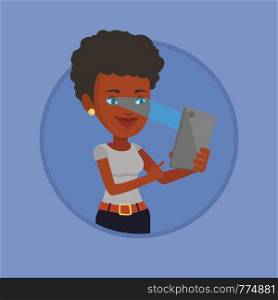 African-american woman using smart mobile phone with retina scanner. Young woman using iris scanner to unlock her mobile phone. Vector flat design illustration in the circle isolated on background.. Woman using iris scanner to unlock mobile phone.