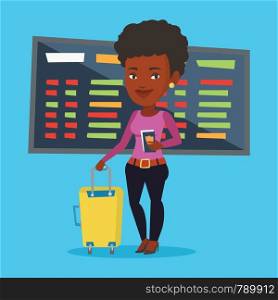 African-american woman waiting for a flight at the airport. Passenger holding passport and airplane ticket. Woman with suitcase standing at the airport. Vector flat design illustration. Square layout.. Woman with suitcase and ticket at the airport.