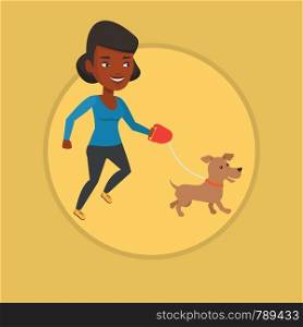 African-american woman walking with her small dog. Young woman with her dog. Woman taking dog on walk. Girl walking a dog on leash. Vector flat design illustration in the circle isolated on background. Young woman walking with her dog.