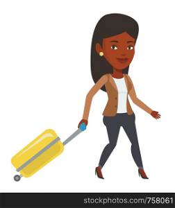 African-american woman walking with suitcase. Young passenger walking with suitcase. Full length of smiling woman pulling suitcase. Vector flat design illustration isolated on white background.. African woman walking with suitcase.