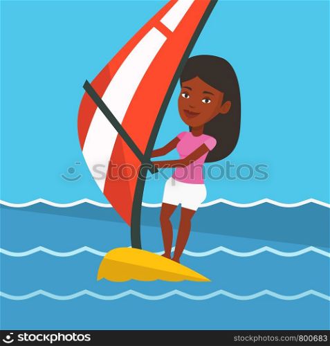 African-american woman windsurfing in a summer day. Windsurfer standing on board with sail and learning to windsurf. Windsurfer training on the water. Vector flat design illustration. Square layout.. Young woman windsurfing in the sea.