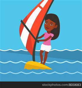 African-american woman windsurfing in a summer day. Windsurfer standing on board with sail and learning to windsurf. Windsurfer training on the water. Vector flat design illustration. Square layout.. Young woman windsurfing in the sea.