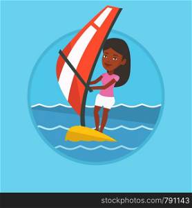 African-american woman windsurfing. Woman standing on board with sail and learning to windsurf. Windsurfer training on the water. Vector flat design illustration in the circle isolated on background.. Young woman windsurfing in the sea.
