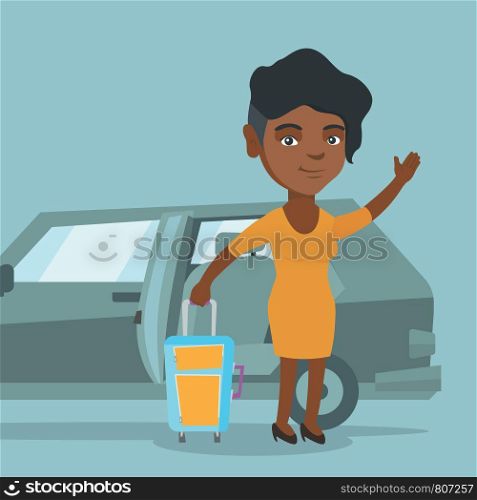 African-american woman with a suitcase standing on the background of car with open door. Young woman waving in front of car. Woman going on vacation by car. Vector cartoon illustration. Square layout.. African-american woman waving in front of car.