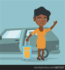 African-american woman with a suitcase standing on the background of car with open door. Young woman waving in front of car. Woman going on vacation by car. Vector cartoon illustration. Square layout.. African-american woman waving in front of car.