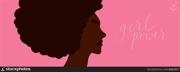 African american woman with afro hair. Girl power handwritten lettering vector. African american woman with afro hair. Girl power handwritten lettering