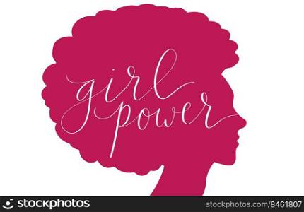 African american woman with afro hair silhouette. Girl power handwritten lettering vector. African american woman with afro hair silhouette. Girl power handwritten lettering