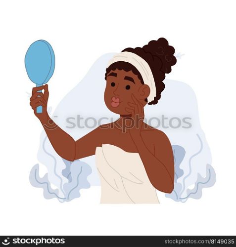 African American woman with clear face.skin care concept, self esteem .vector flat illustration.   