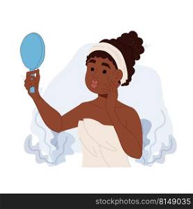 African American woman with clear face.skin care concept, self esteem .vector flat illustration.   