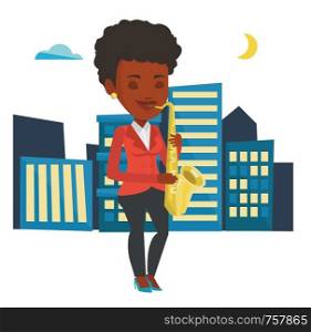 African-american woman with eyes closed playing on saxophone. Musician playing on saxophone. Musician with saxophone in the city street. Vector flat design illustration isolated on white background.. Musician playing on saxophone vector illustration.