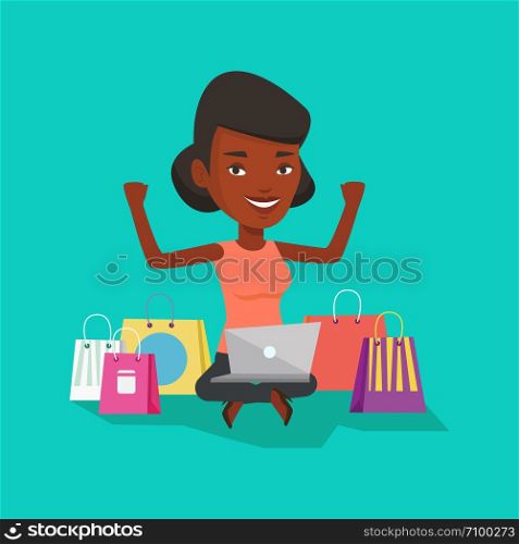 African-american woman with hands up using laptop for shopping online. Happy woman sitting with shopping bags around her. Woman doing online shopping. Vector flat design illustration. Square layout.. Woman shopping online vector illustration.
