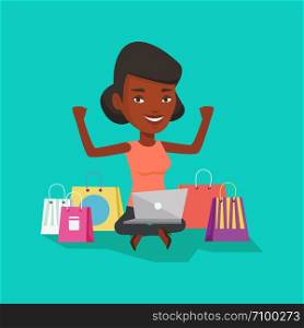 African-american woman with hands up using laptop for shopping online. Happy woman sitting with shopping bags around her. Woman doing online shopping. Vector flat design illustration. Square layout.. Woman shopping online vector illustration.