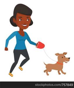 African-american woman with her pet. Happy woman taking dog on walk. Woman walking with her small dog. Smiling girl walking a dog on leash. Vector flat design illustration isolated on white background. Young woman walking with her dog.