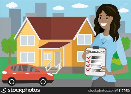 African american woman with insurance document, red modern car and house on background,flat vector illustration. African american woman with insurance document