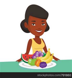 African-american woman with plate full of fruits. Woman standing in front of table full of fresh fruits. Woman eating fresh healthy fruits. Vector flat design illustration isolated on white background. Woman with fresh fruits vector illustration.
