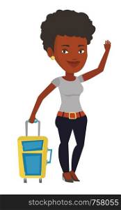 African-american woman with suitcase hitchhiking. Hitchhiking woman trying to stop car on highway. Woman catching taxi car by waving hand. Vector flat design illustration isolated on white background.. Young woman hitchhiking vector illustration.
