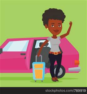 African-american woman with suitcase standing on the background of open car door. Young woman waving in front of car. Woman going to vacation by car. Vector flat design illustration. Square layout.. African-american woman traveling by car.