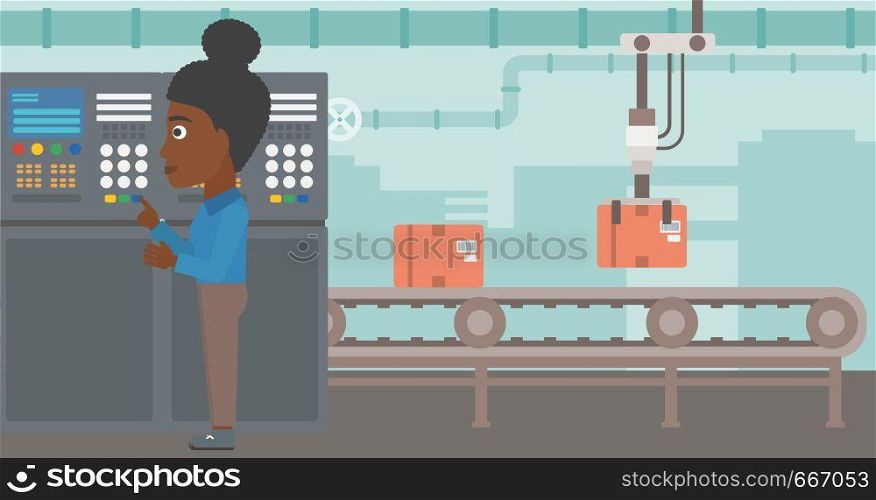 African-american woman working on control panel. Woman pressing button at control panel in plant. Engineer standing in front of the control panel. Vector flat design illustration. Horizontal layout.. Engineer standing near control panel.