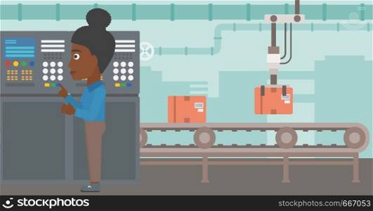 African-american woman working on control panel. Woman pressing button at control panel in plant. Engineer standing in front of the control panel. Vector flat design illustration. Horizontal layout.. Engineer standing near control panel.