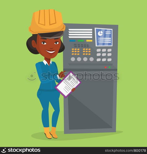 African-american woman working on control panel. Worker pressing button at control panel. Engineer with clipboard standing in front of the control panel. Vector flat design illustration. Square layout. Engineer standing near control panel.