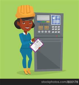 African-american woman working on control panel. Worker pressing button at control panel. Engineer with clipboard standing in front of the control panel. Vector flat design illustration. Square layout. Engineer standing near control panel.