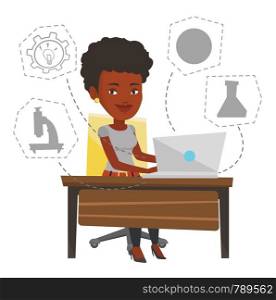 African-american woman working on laptop and writing notes. Student sitting at the table with laptop. Student using laptop for education. Vector flat design illustration isolated on white background.. Student using laptop for education.