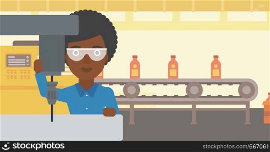 African-american woman working on milling machine at workshop. Woman using milling machine at factory. Woman making a hole using a milling machine. Vector flat design illustration. Horizontal layout.. Woman working on milling machine.