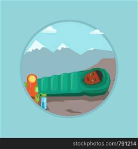 African-american woman wrapped up in a mummy sleeping bag. Happy woman relaxing in a sleeping bag while camping in the mountains. Vector flat design illustration in the circle isolated on background.. Woman resting in sleeping bag in the mountains.