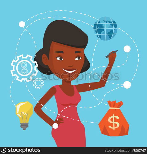 African-american woman writing on virtual screen. Cheerful businesswoman drawing a cloud computing diagram on a virtual screen. Cloud computing concept. Vector flat design illustration. Square layout.. Woman writing cloud computing on virtual screen.