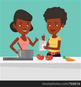African-american women following recipe for healthy vegetable meal on digital tablet. Women cooking healthy meal. Women having fun cooking together. Vector flat design illustration. Square layout.. Women cooking healthy vegetable meal.
