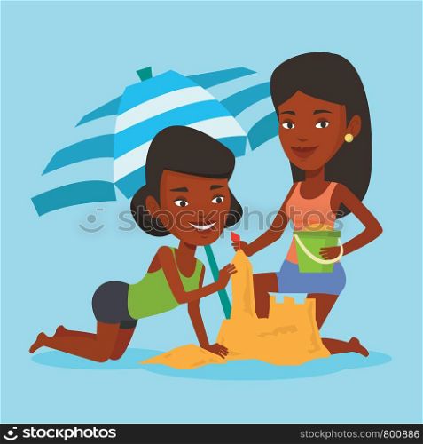 African-american women making sand castle on the beach under beach umbrella. Smiling friends building sand castle. Tourism and beach holiday concept. Vector flat design illustration. Square layout.. Friends building sandcastle on beach.