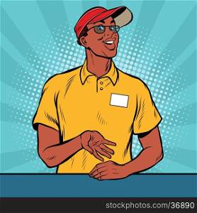 African American worker fast food gives the order, pop art retro vector illustration. A restaurant employee fast food. The seller is in uniform