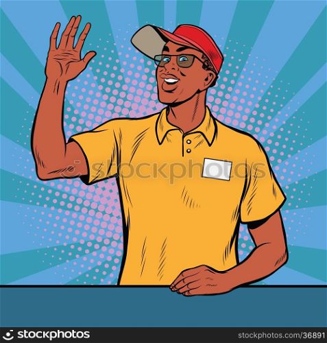 African American worker fast food welcomed, pop art retro vector illustration. A restaurant employee fast food. The seller is in uniform