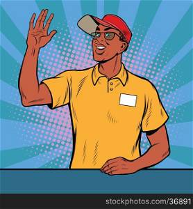 African American worker fast food welcomed, pop art retro vector illustration. A restaurant employee fast food. The seller is in uniform