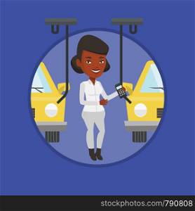 African-american worker of car factory. Happy engineer at work on car factory. Worker controlling automated assembly line for cars. Vector flat design illustration in the circle isolated on background. Worker controlling automated assembly line for car