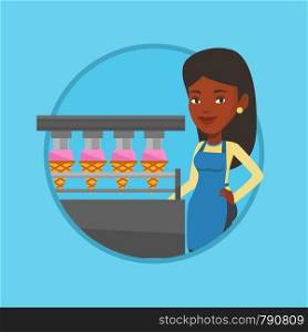 African-american worker of factory producing ice-cream. Young confectioner working on automatic production line of ice cream. Vector flat design illustration in the circle isolated on background.. Worker of factory producing ice-cream.
