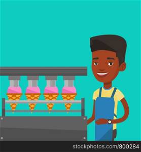 African-american worker of ice cream manufacture. Worker of factory producing ice-cream. Confectioner working on automatic production line of ice cream. Vector flat design illustration. Square layout.. Worker of factory producing ice-cream.