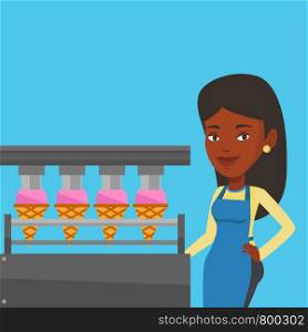 African-american worker of ice cream manufacture. Worker of factory producing ice-cream. Confectioner working on automatic production line of ice cream. Vector flat design illustration. Square layout.. Worker of factory producing ice-cream.