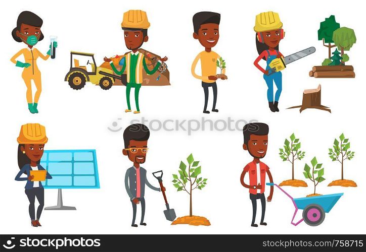 African-american worker of rubbish dump standing with spread arms. Man standing on the background of rubbish dump and bulldozer. Set of vector flat design illustrations isolated on white background.. Vector set of characters on ecology issues.