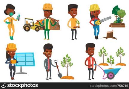 African-american worker of rubbish dump standing with spread arms. Man standing on the background of rubbish dump and bulldozer. Set of vector flat design illustrations isolated on white background.. Vector set of characters on ecology issues.