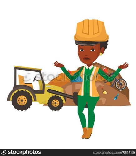 African-american worker of rubbish dump standing with spread arms. Young woman standing on the background of rubbish dump and bulldozer. Vector flat design illustration isolated on white background.. Worker and bulldozer at rubbish dump.