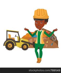 African-american worker of rubbish dump standing with spread arms. Young woman standing on the background of rubbish dump and bulldozer. Vector flat design illustration isolated on white background.. Worker and bulldozer at rubbish dump.